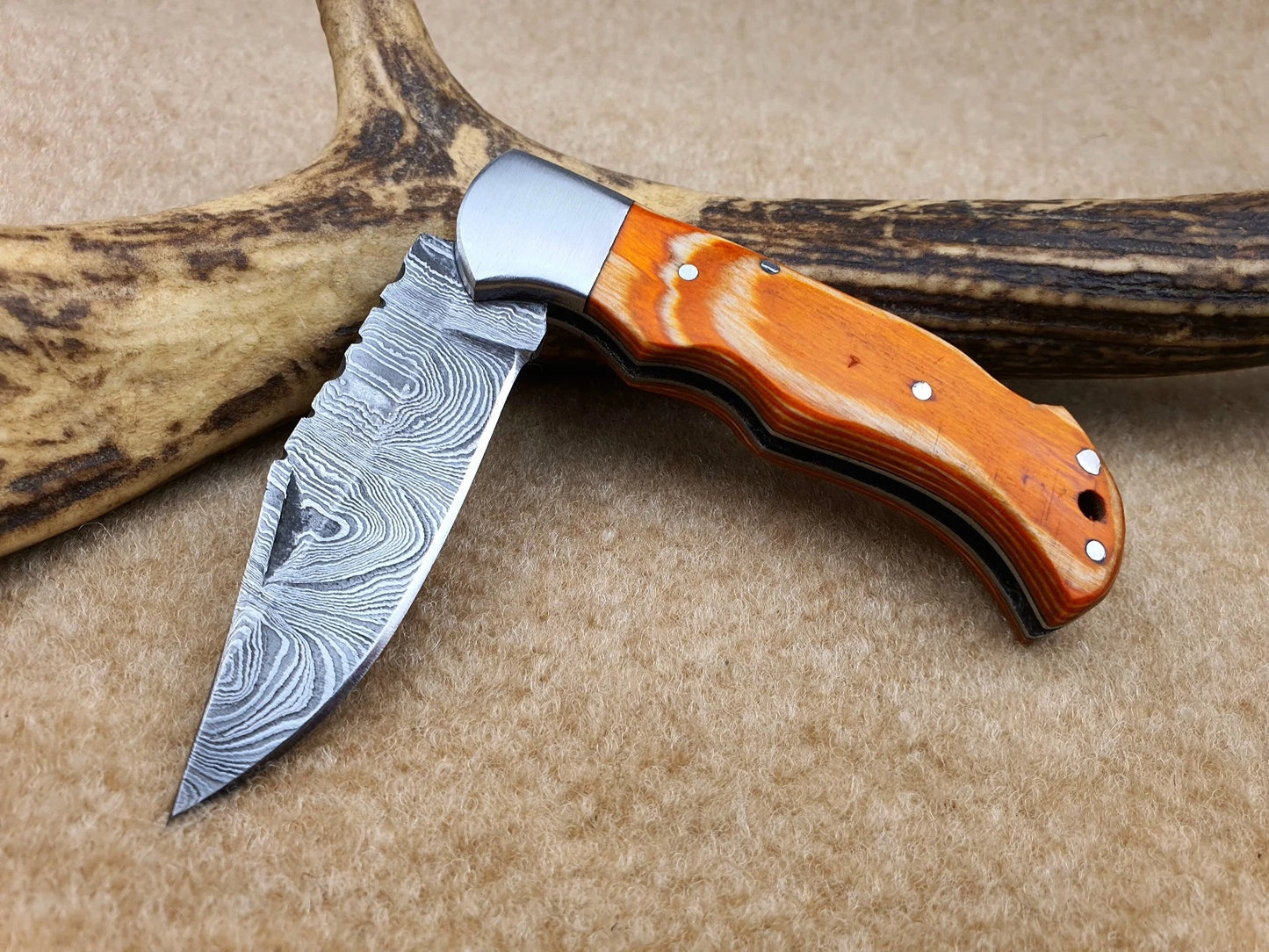 CUSTOM Handmade Damascus Pocket Knife, Folding Knife with sheath