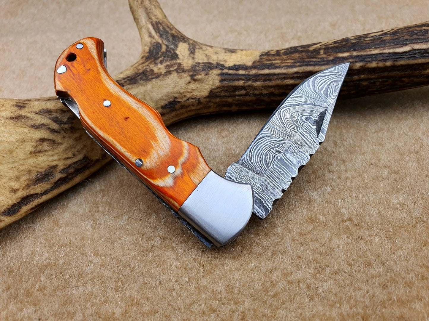 CUSTOM Handmade Damascus Pocket Knife, Folding Knife with sheath