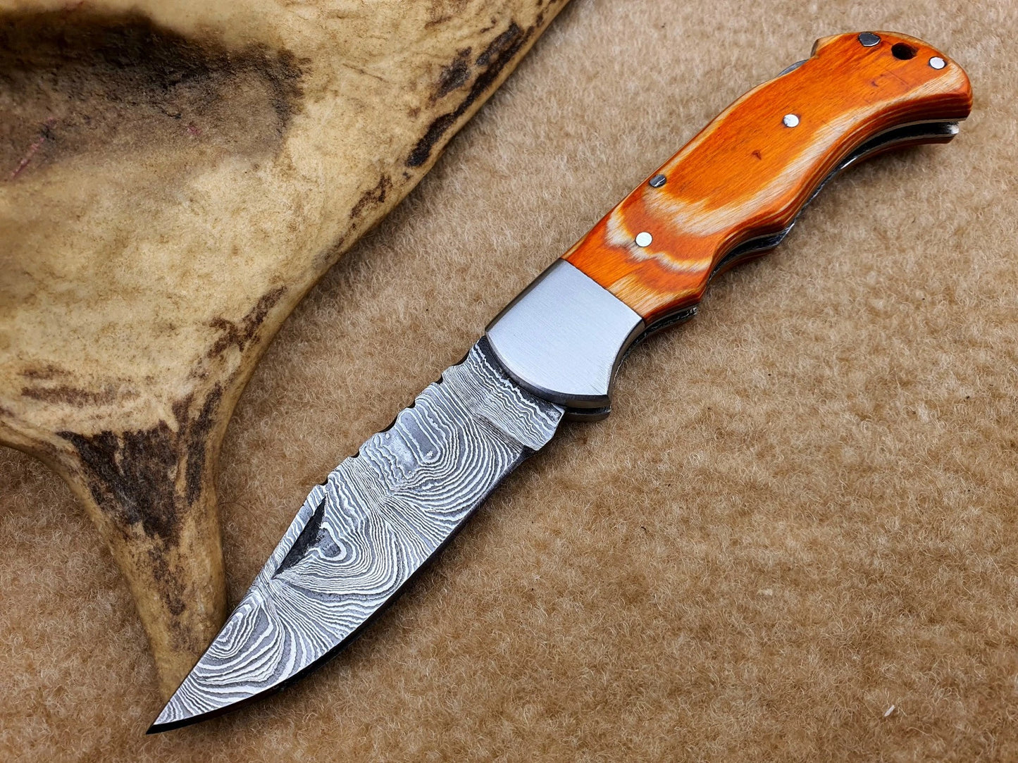 CUSTOM Handmade Damascus Pocket Knife, Folding Knife with sheath