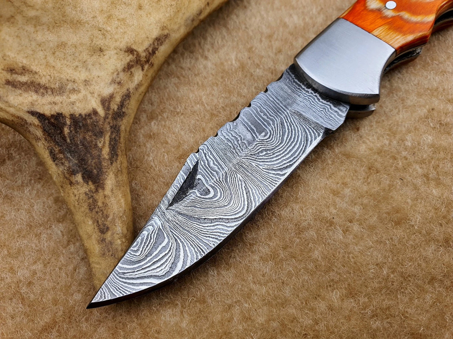 CUSTOM Handmade Damascus Pocket Knife, Folding Knife with sheath