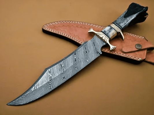 Hand forged Custom Damascus Steel Bowie Knife with Camel Bone Handle and Leather Sheath