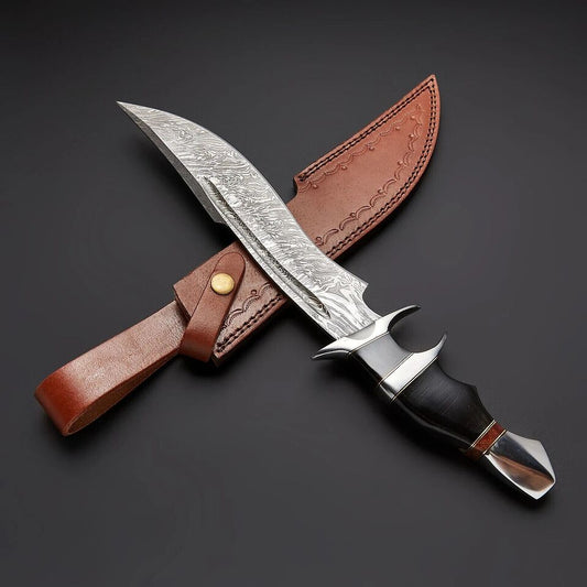Bespoke Handcrafted Damascus Steel Hunting Knife with Leather Sheath, Bowie Knife Fixed Blade Knife with Leather Sheath