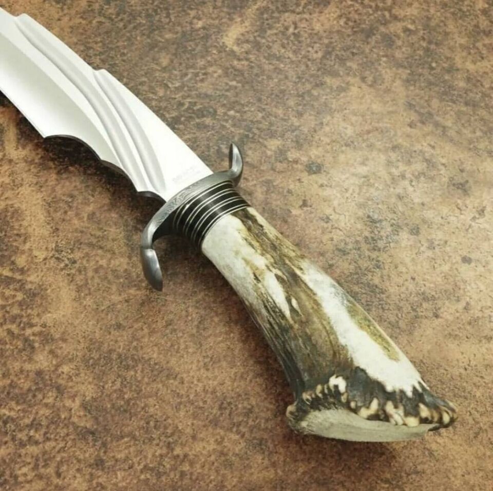 Bespoke Crown Stag Bowie Knife – Handmade Full Tang Luxury Stag Handle Knife with Sheath – Custom Collectible Fixed Blade Knife