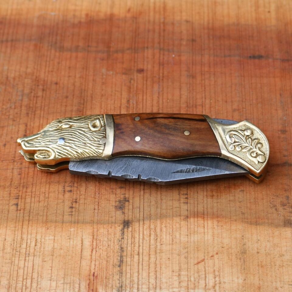 8″ Custom Damascus Pocket Knife – Folding Blade with 4″ Damascus Steel, Wood Handle, Bronze Lion Head – Handmade EDC Knife with Sheath