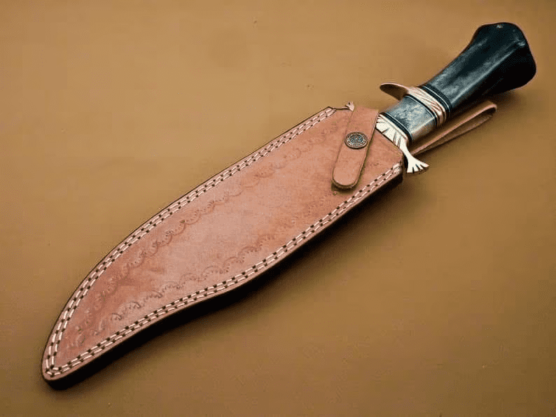 Hand forged Custom Damascus Steel Bowie Knife with Camel Bone Handle and Leather Sheath