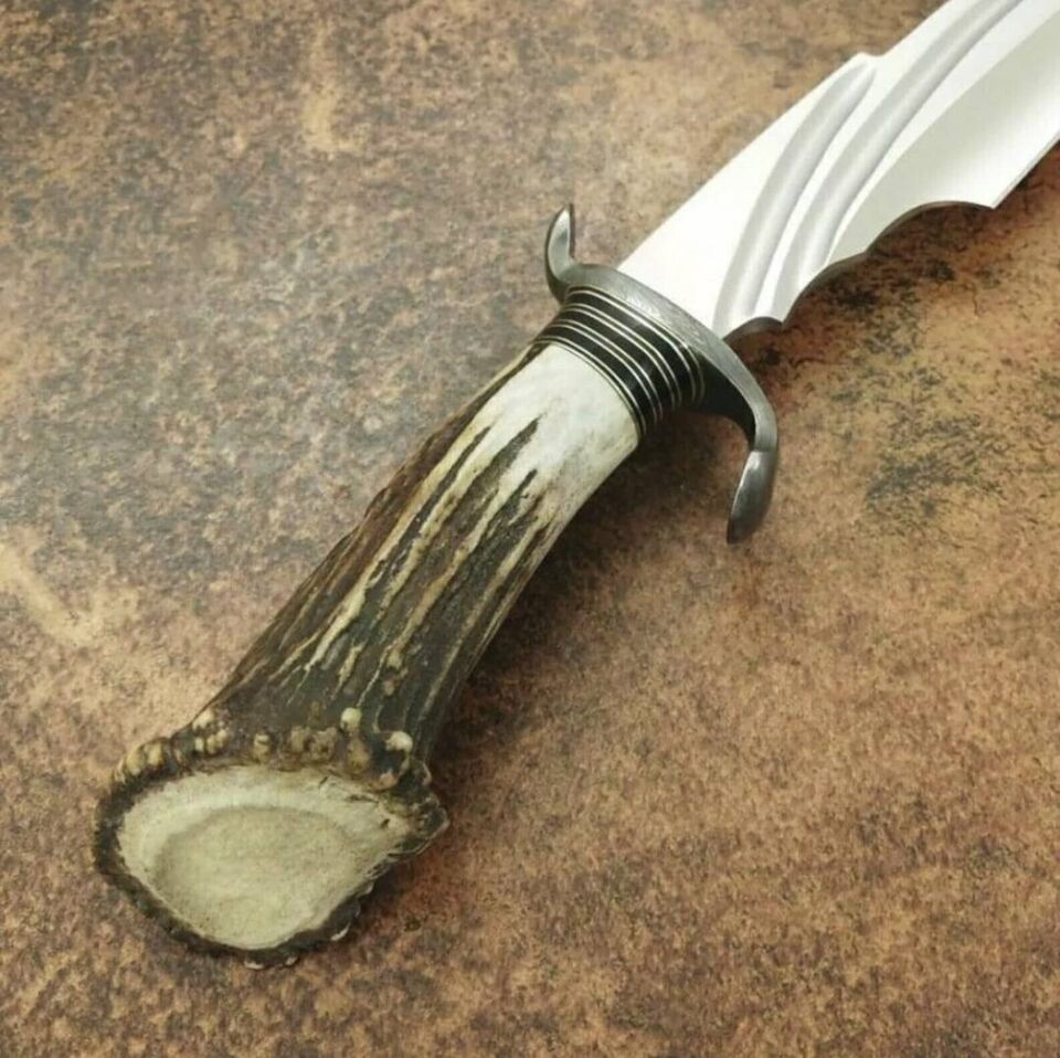 Bespoke Crown Stag Bowie Knife – Handmade Full Tang Luxury Stag Handle Knife with Sheath – Custom Collectible Fixed Blade Knife