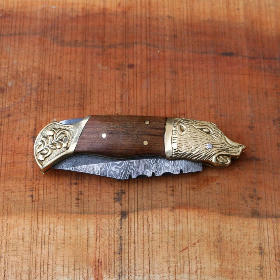 8″ Custom Damascus Pocket Knife – Folding Blade with 4″ Damascus Steel, Wood Handle, Bronze Lion Head – Handmade EDC Knife with Sheath
