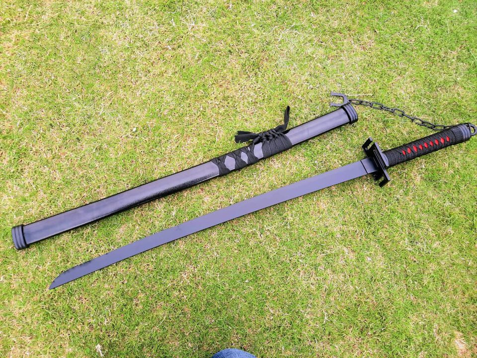 Handcrafted Japanese Katana Sword in Black, Leather Wrap Scabbard