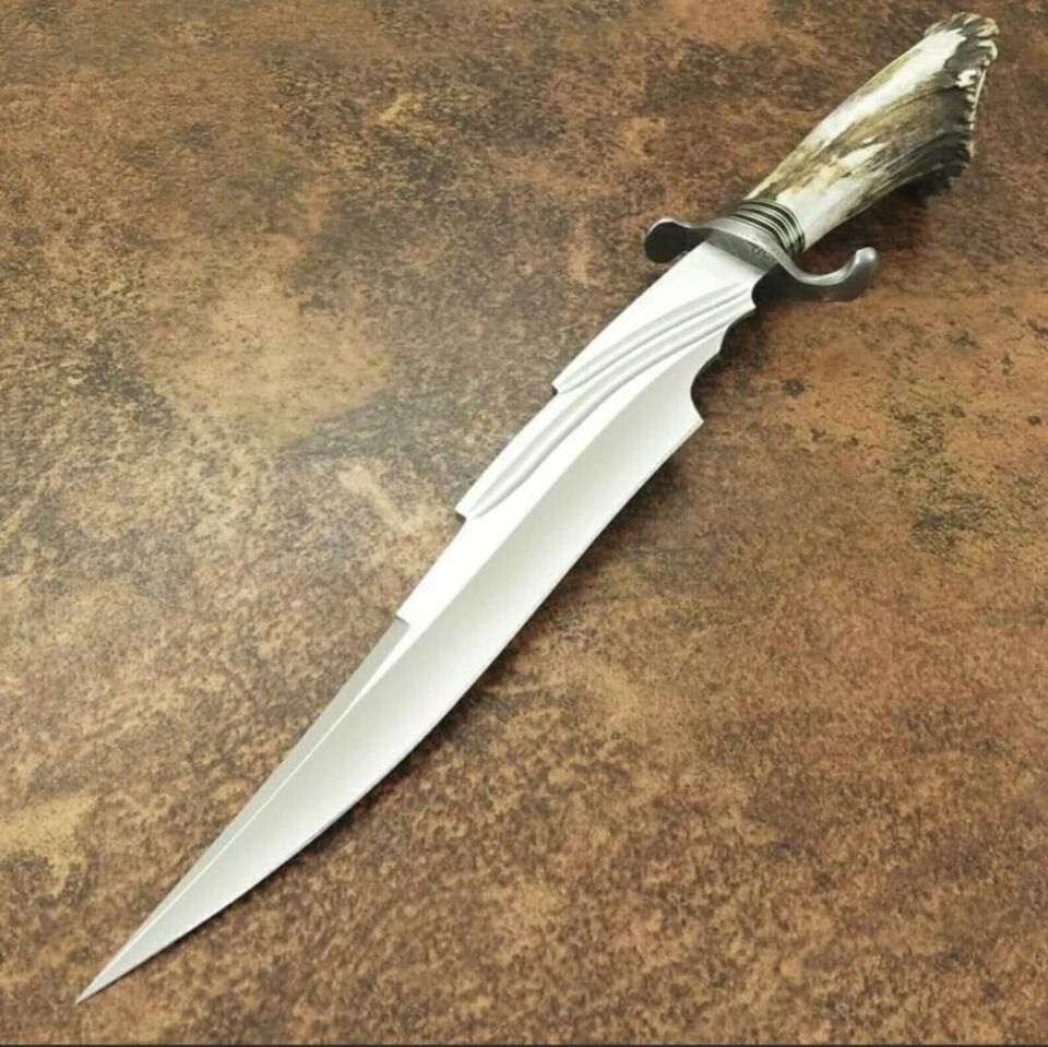 Bespoke Crown Stag Bowie Knife – Handmade Full Tang Luxury Stag Handle Knife with Sheath – Custom Collectible Fixed Blade Knife