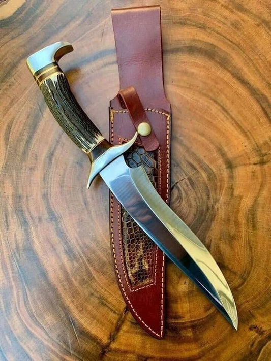 Samiblades Crown Stag Bowie Knife – Full Tang Hunting Blade with Stag Handle and Sheath – Custom Collectible Fixed Blade Knife
