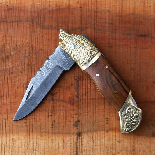 8″ Custom Damascus Pocket Knife – Folding Blade with 4″ Damascus Steel, Wood Handle, Bronze Lion Head – Handmade EDC Knife with Sheath