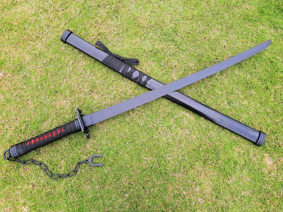 Handcrafted Japanese Katana Sword in Black, Leather Wrap Scabbard