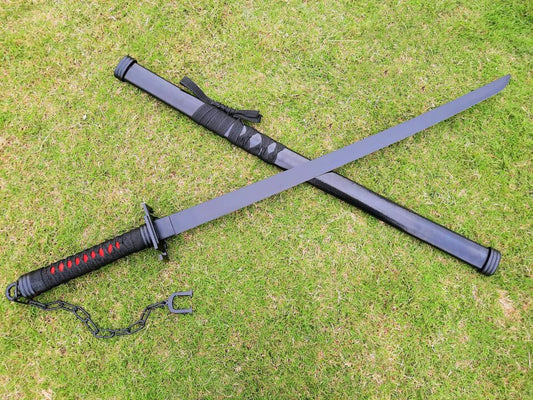 Handcrafted Japanese Katana Sword in Black, Leather Wrap Scabbard