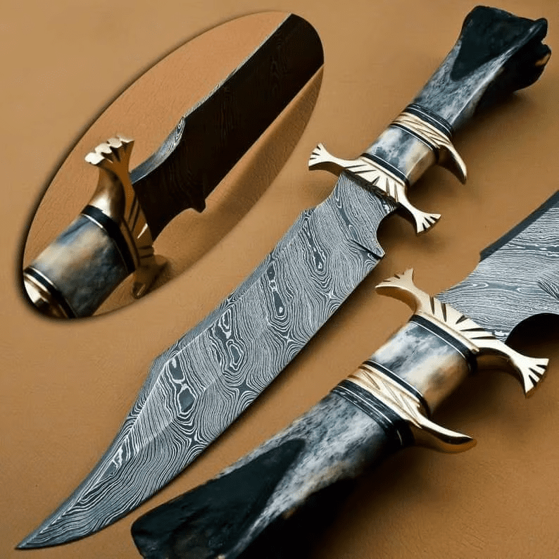 Hand forged Custom Damascus Steel Bowie Knife with Camel Bone Handle and Leather Sheath