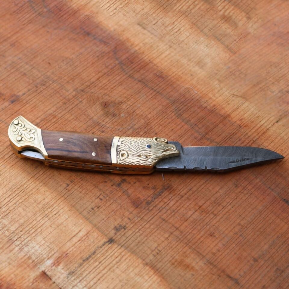 8″ Custom Damascus Pocket Knife – Folding Blade with 4″ Damascus Steel, Wood Handle, Bronze Lion Head – Handmade EDC Knife with Sheath