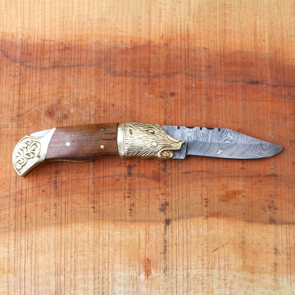 8″ Custom Damascus Pocket Knife – Folding Blade with 4″ Damascus Steel, Wood Handle, Bronze Lion Head – Handmade EDC Knife with Sheath