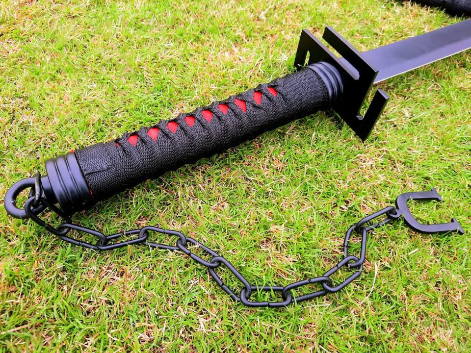 Handcrafted Japanese Katana Sword in Black, Leather Wrap Scabbard