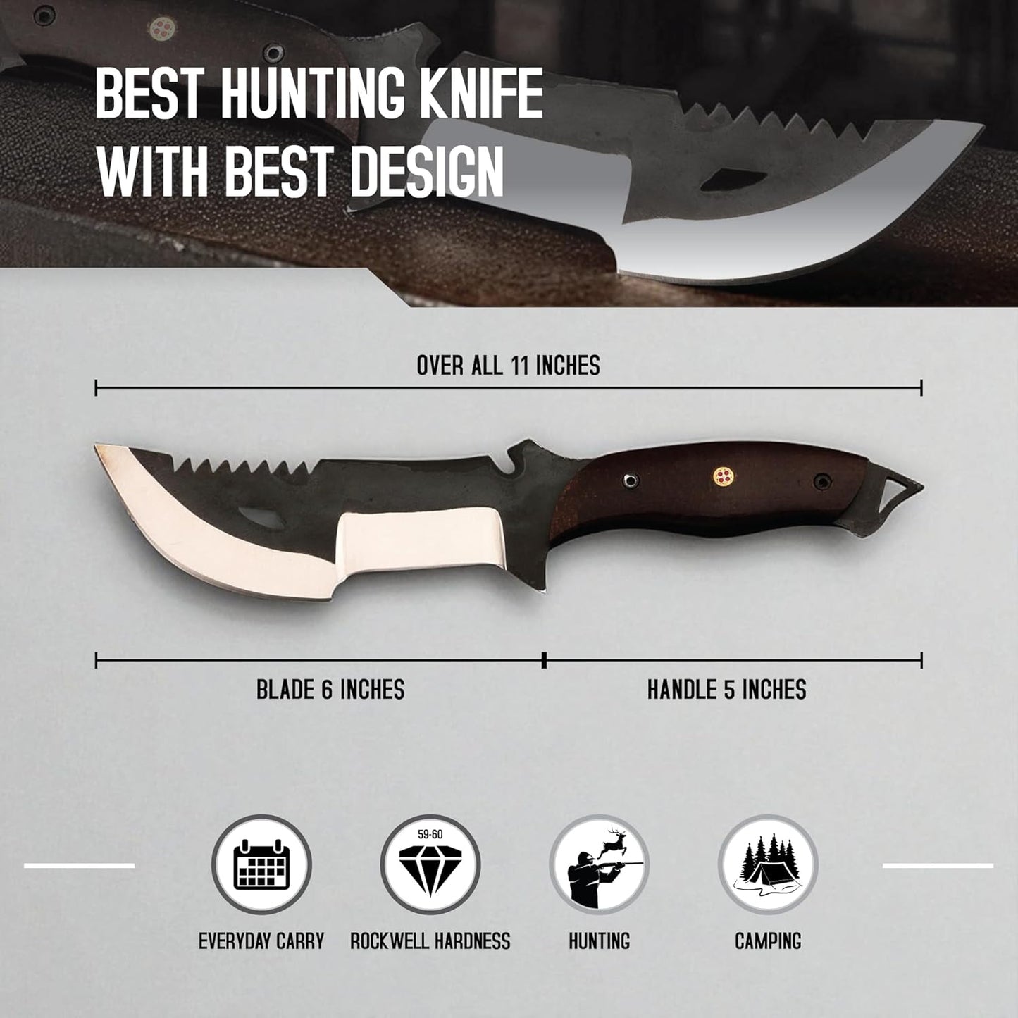 A promotional infographic for a survival tracker knife. The top section shows a close-up of the knife blade against a dark background with the text 'BEST HUNTING KNIFE WITH BEST DESIGN'. The middle section displays a full profile view of the knife on a light gray background, highlighting its dimensions: an 'OVER ALL 11 INCHES' length, divided into a 'BLADE 6 INCHES' and a 'HANDLE 5 INCHES'. The bottom section features four circular icons detailing its specifications and uses: a calendar icon labeled 'EVERYD