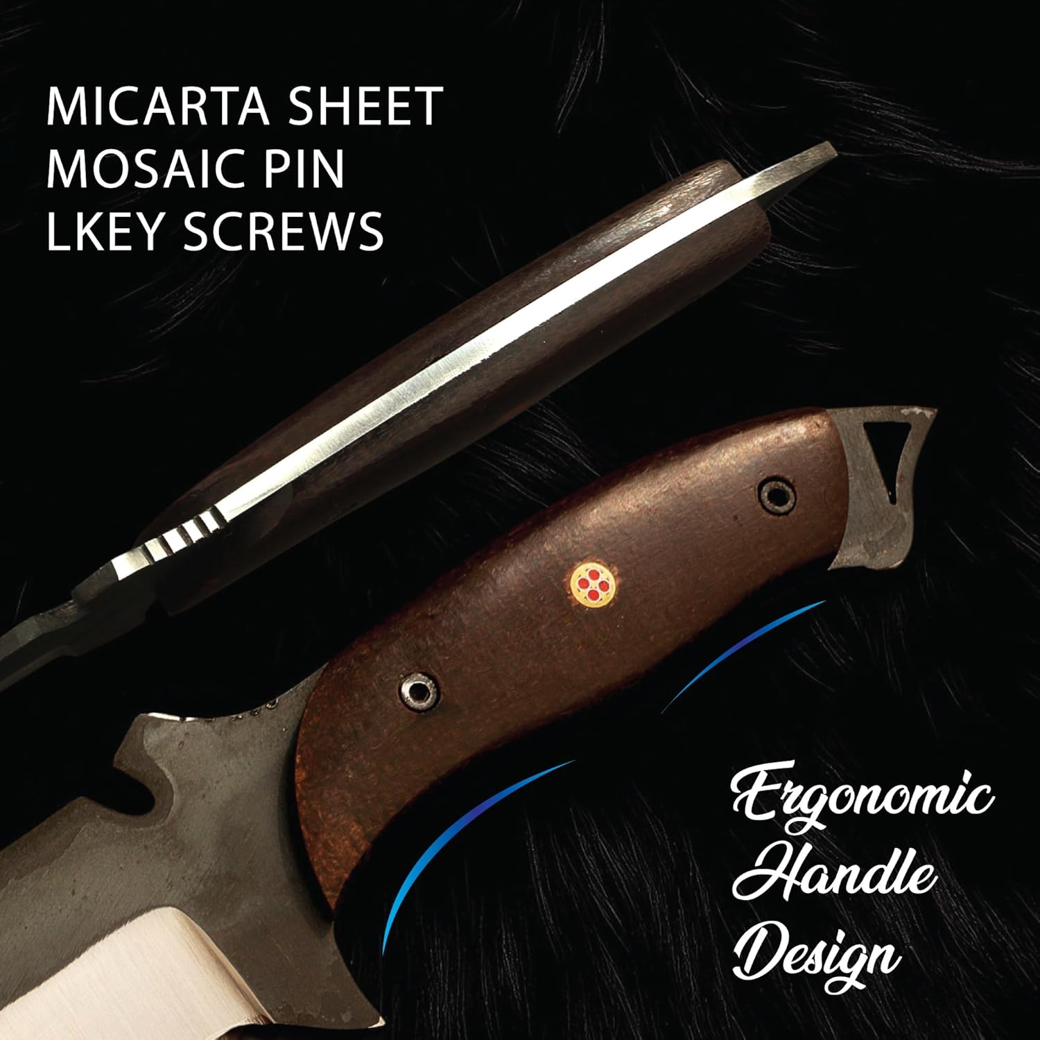 A close-up image highlighting the handle details of a survival tracker knife against a dark, textured background. The image presents two views of the handle. The top view shows the knife's thick, full-tang steel spine with jimping, sandwiched between dark brown handle scales. The side view displays the curved dark brown Micarta handle secured by two dark hex screws and a decorative red and gold mosaic pin. The tang extends past the scales to form an exposed pommel with a triangular lanyard hole. Two curved 