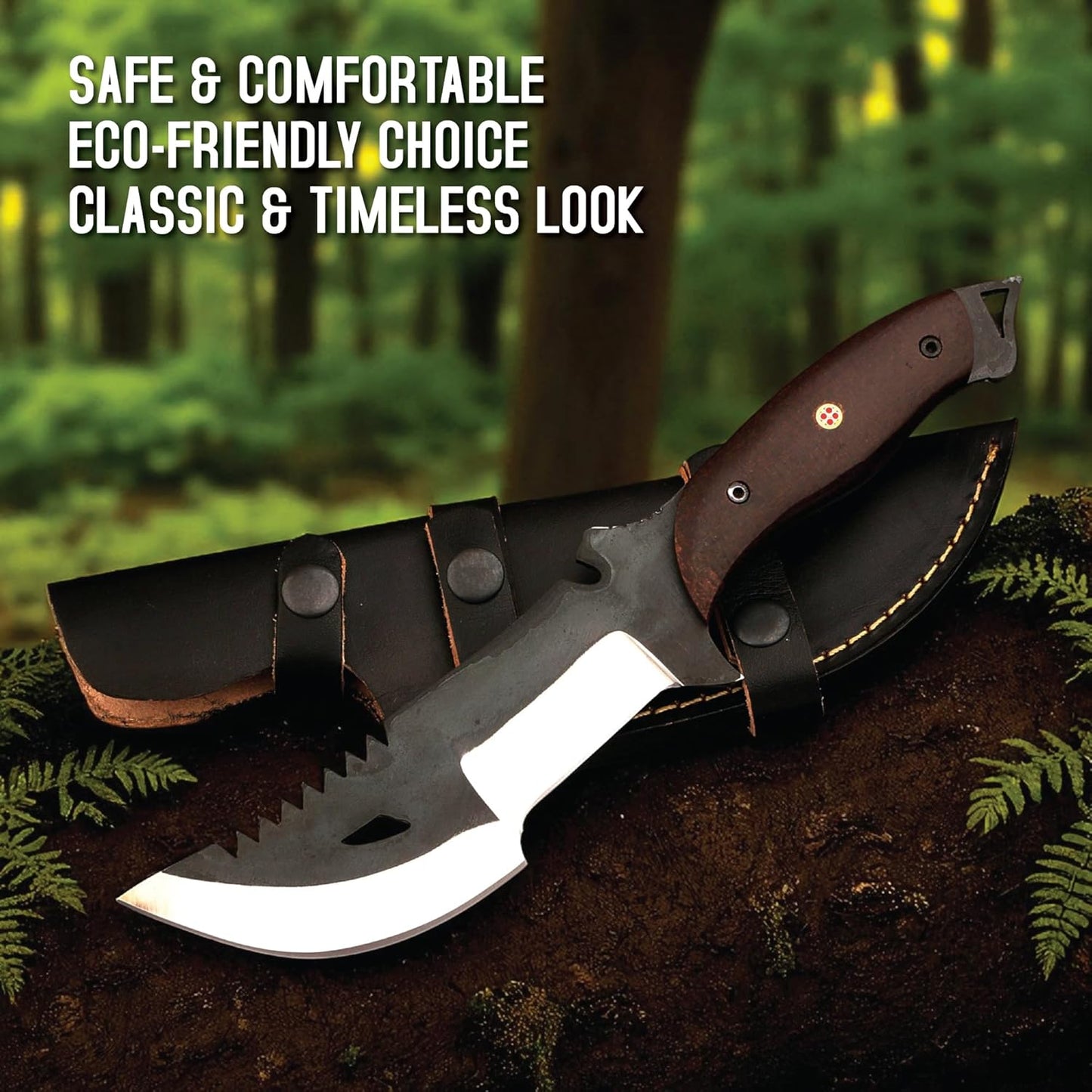 A survival tracker knife resting on a dark, mossy log against a softly blurred green forest background. The knife features a dark wood handle secured with a decorative mosaic pin, a full tang with an exposed lanyard loop at the pommel, and a distinct two-toned blade. The blade has a matte black upper section with saw teeth along the spine and a teardrop-shaped cutout, contrasting with the polished silver, compound cutting edge. It lies partially across a dark leather sheath with snap closures and visible st