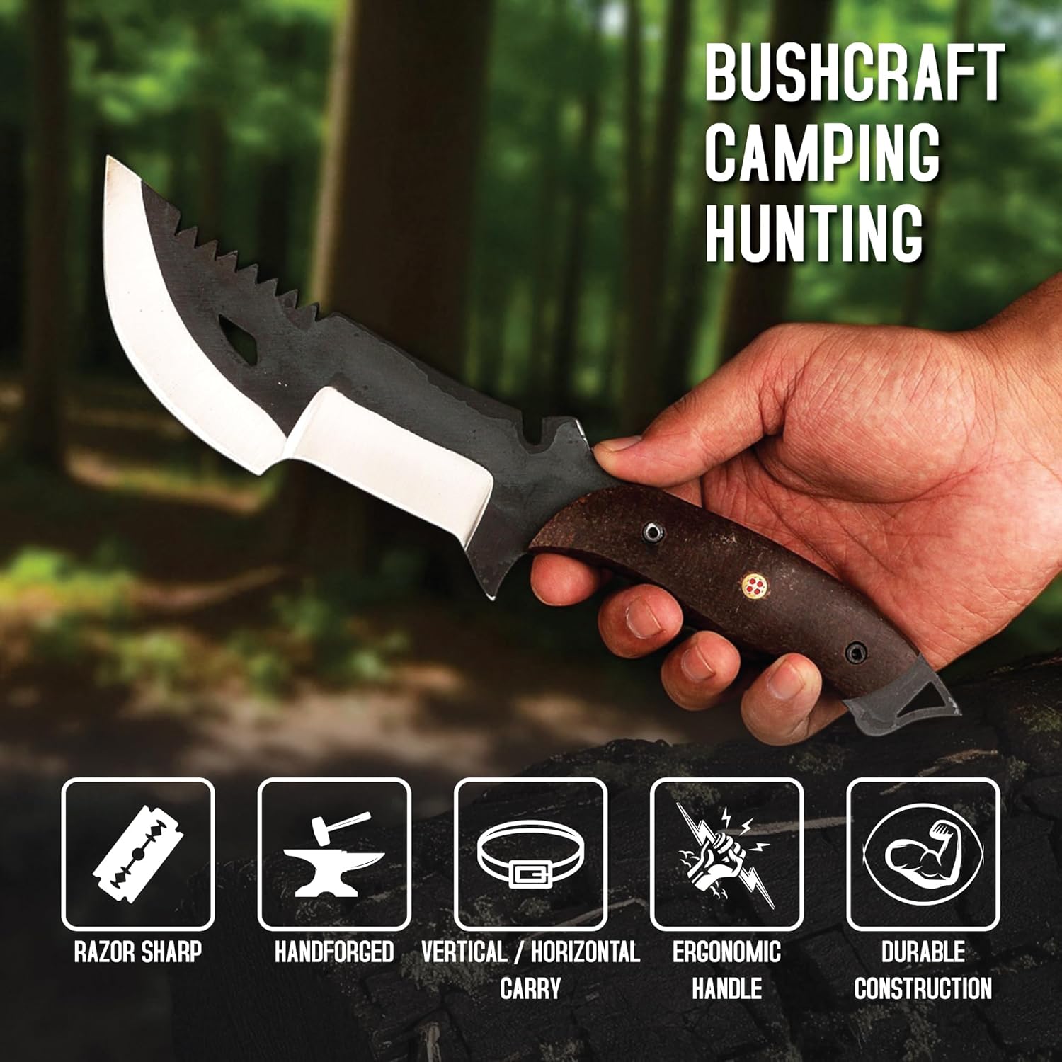 An image showing a person's hand gripping a survival tracker knife against a softly blurred green forest background. The distinctive two-toned blade points upwards and to the left, featuring a dark, matte upper section with saw teeth and a teardrop cutout, alongside a polished silver cutting edge. The dark wood handle and its decorative mosaic pin are clearly visible in the user's grasp. In the upper right corner, bold white text reads 'BUSHCRAFT', 'CAMPING', and 'HUNTING'. Along the bottom edge, a row of f