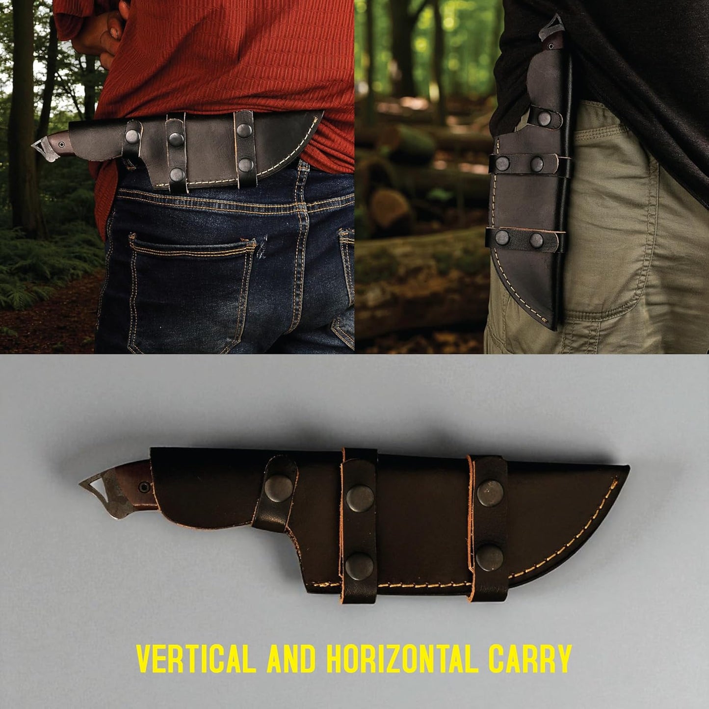 A composite image demonstrating the dual carrying options for a survival tracker knife's leather sheath. The top left panel shows the knife sheathed and worn horizontally across the back of a person's belt against a forest background. The top right panel displays the knife worn vertically, hanging from a person's hip belt in a similar wooded setting. The bottom half of the image features a clear view of the knife fully enclosed in its dark leather sheath, resting horizontally on a plain light gray surface. 