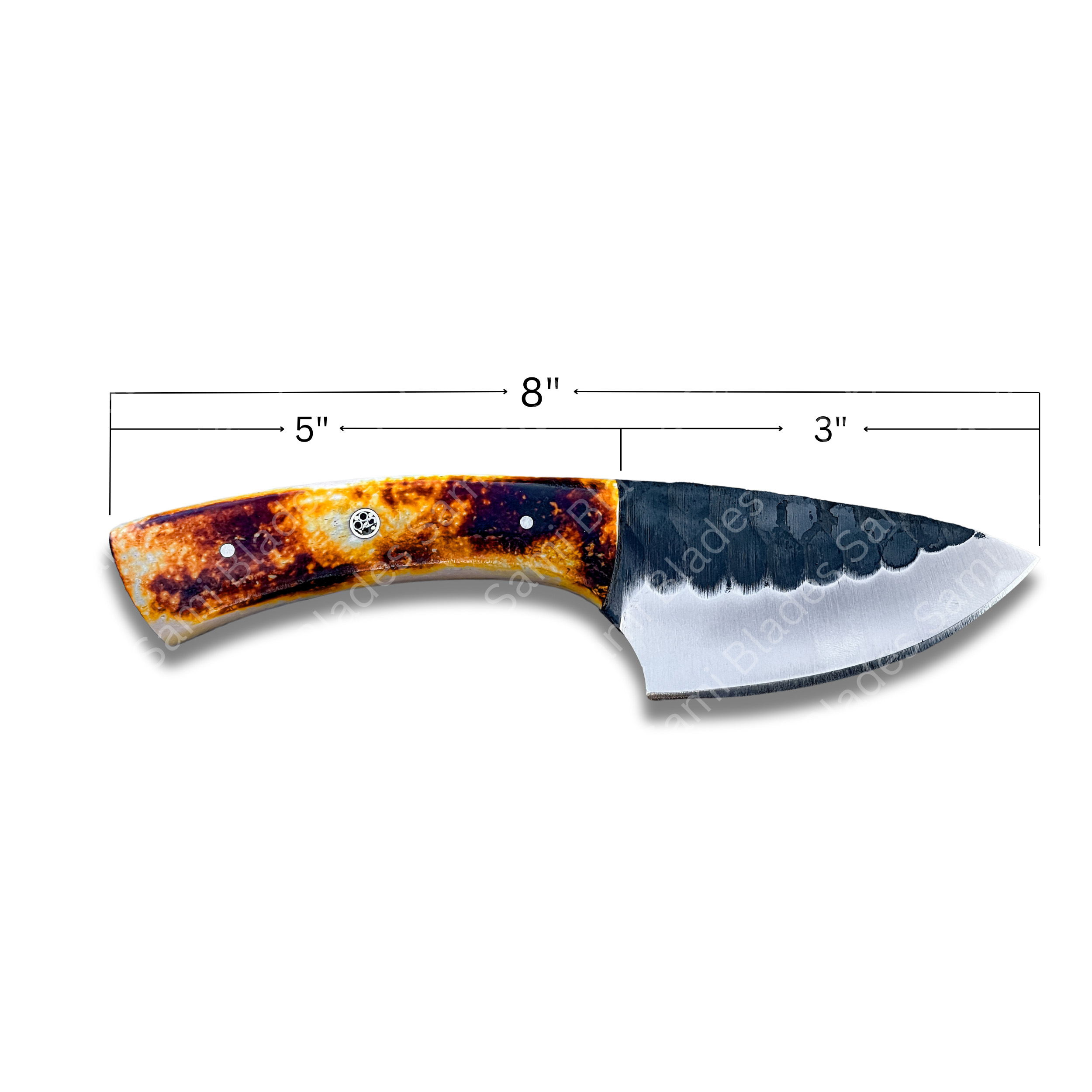 ROOS WOOD HANDLE DAMASCUS - 2 Hunting Skinner Knife with Bone Handle, 8 Inches Overall Length, 1095 Steel Blade, Leather Sheath