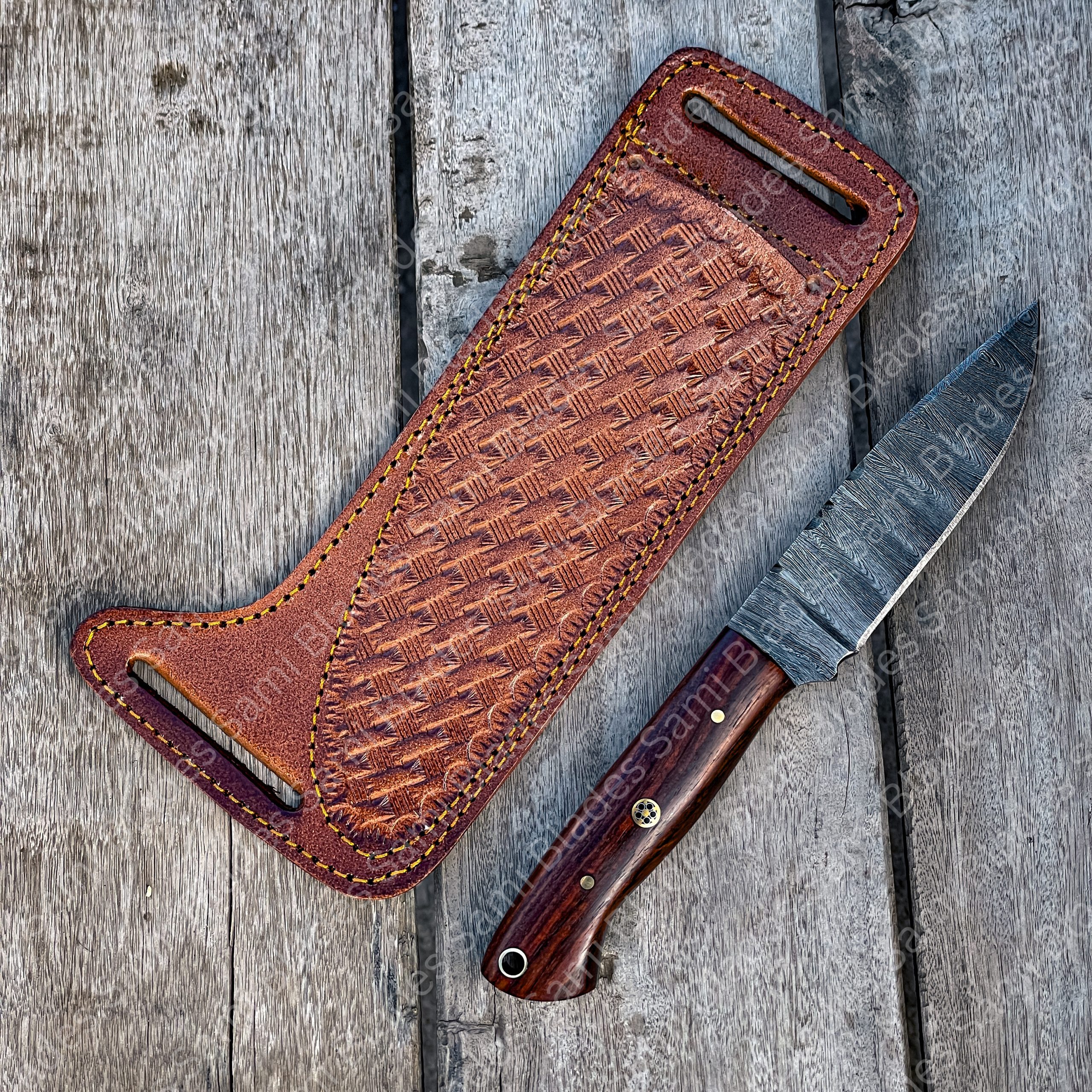 Damascus Steel Skinner Knife, 8 Inches Full Tang, Rosewood Handle, Leather Sheath Best Fixed Blade Knife, Handmade Damascus Steel 4 inches Blade with Rosewood Handle,