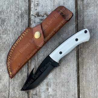 Elite Handmade Carbon Steel Skinning Knife with Gut Hook, Resin Handle, Leather Sheath