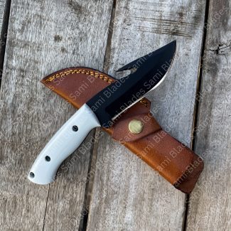 Handmade Carbon Steel Skinning Knife with Gut Hook, Resin Handle, Leather Sheath