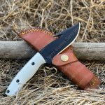 Elite Handmade Carbon Steel Skinning Knife with Gut Hook, Resin Handle, Leather Sheath