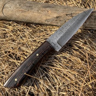 Handmade Damascus Steel Knife with Wangi Wood Handle, 8 inch Full Tang Blade, Leather Sheath Included